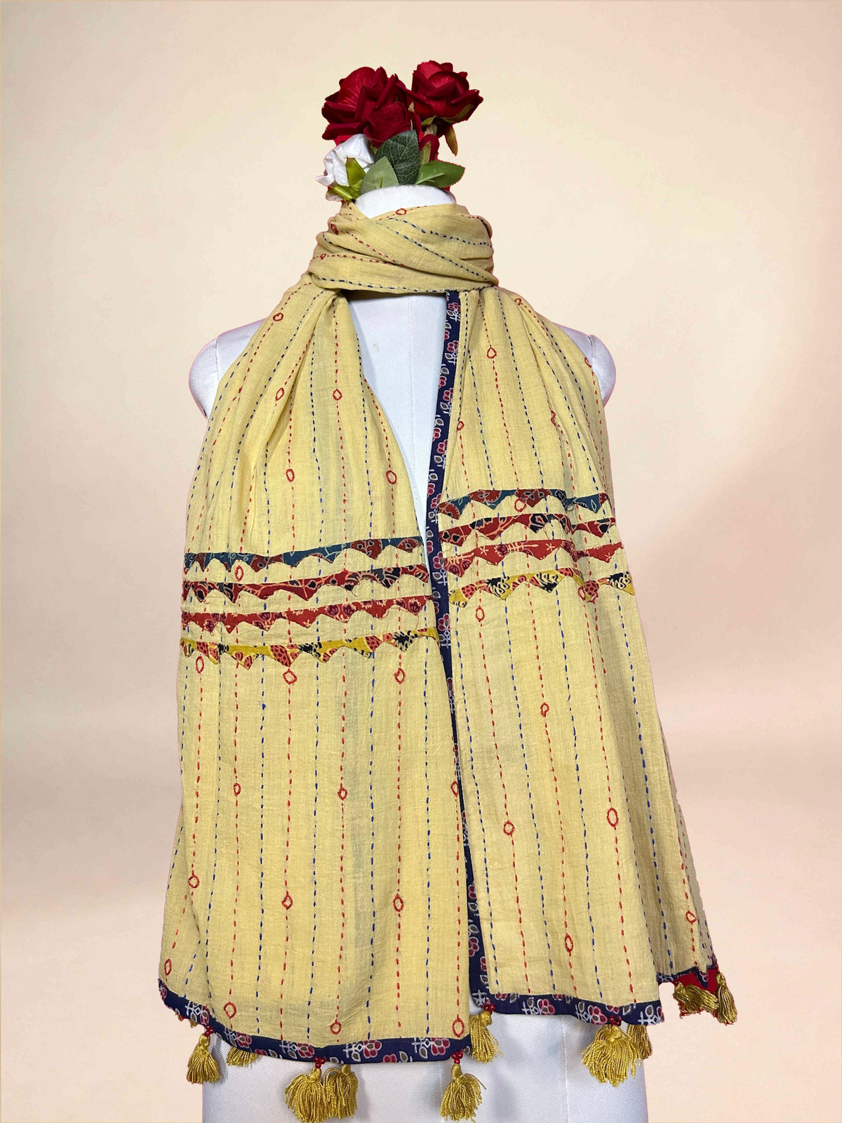 Pastel Yellow Kantha Cotton Stole