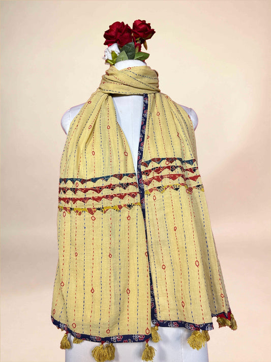 Pastel Yellow Kantha Cotton Stole