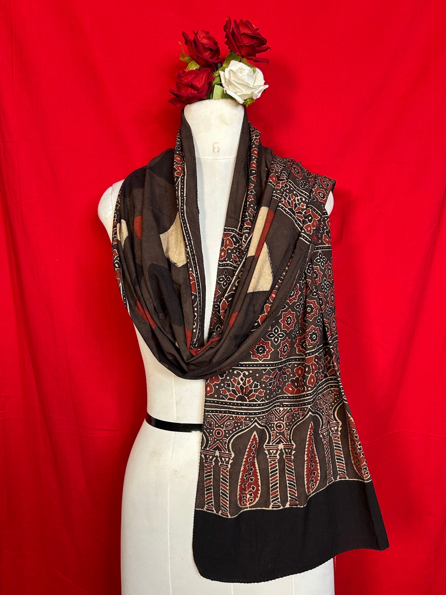 Premium Ajrakh Cotton Stole with Black and Maroon Ethnic Pattern