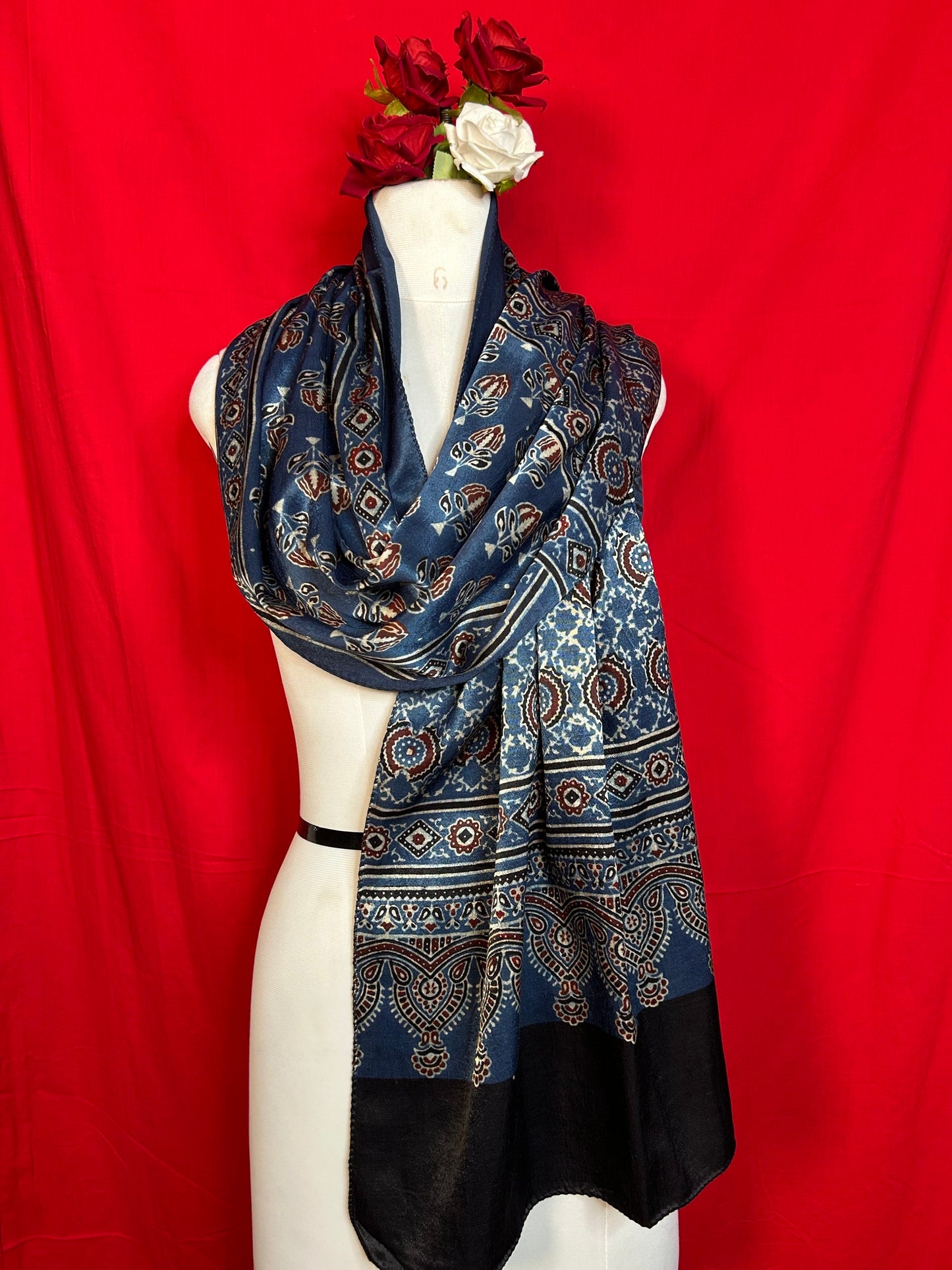 Premium Ajrakh Gaji Silk Stole with Blue Ethnic Floral and Geometric Block Print