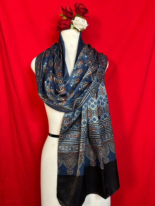 Premium Ajrakh Gaji Silk Stole with Blue Ethnic Floral and Geometric Block Print