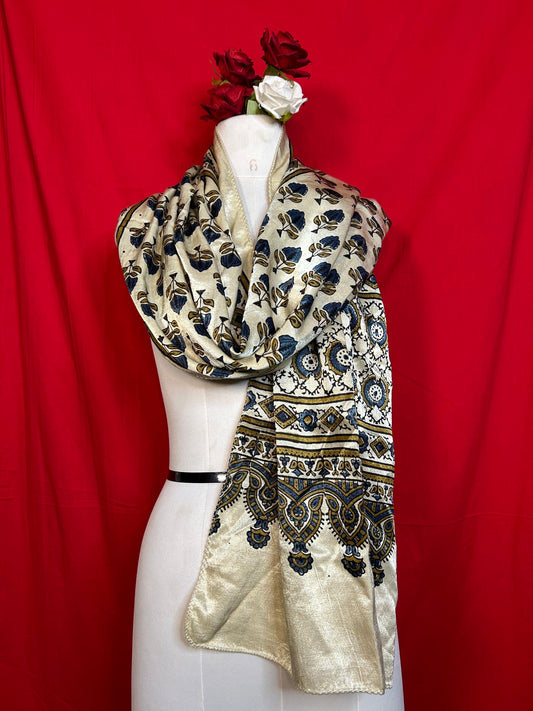 Premium Ajrakh Gaji Stole with Traditional Blue Floral Handblock Pattern