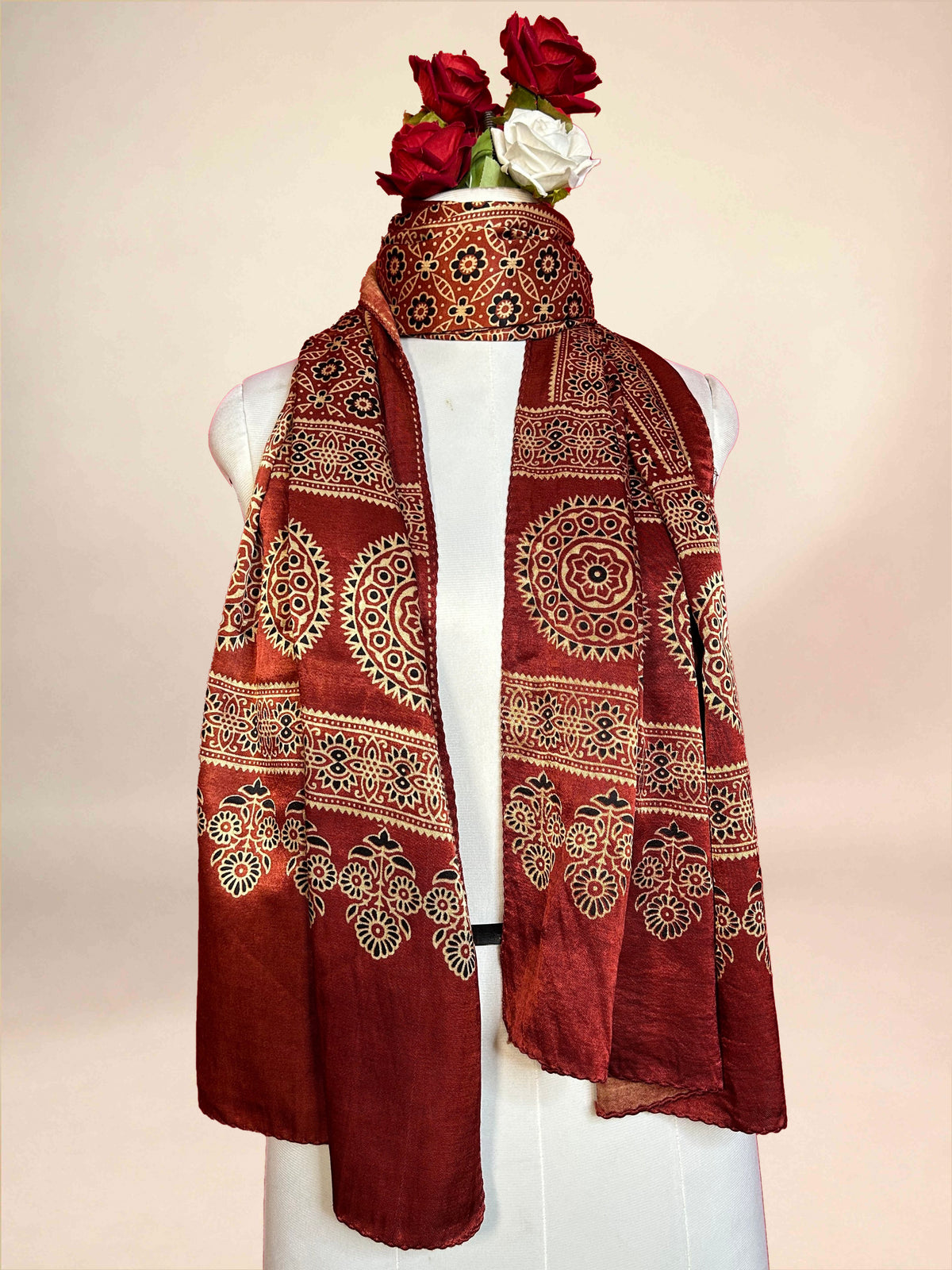 Rust Red Ajrakh Handblock Printed Gaji Stoles