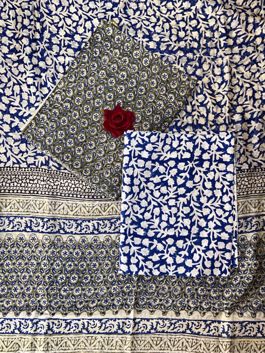 Royal Blue Chanderi Handblock Printed Suit Set
