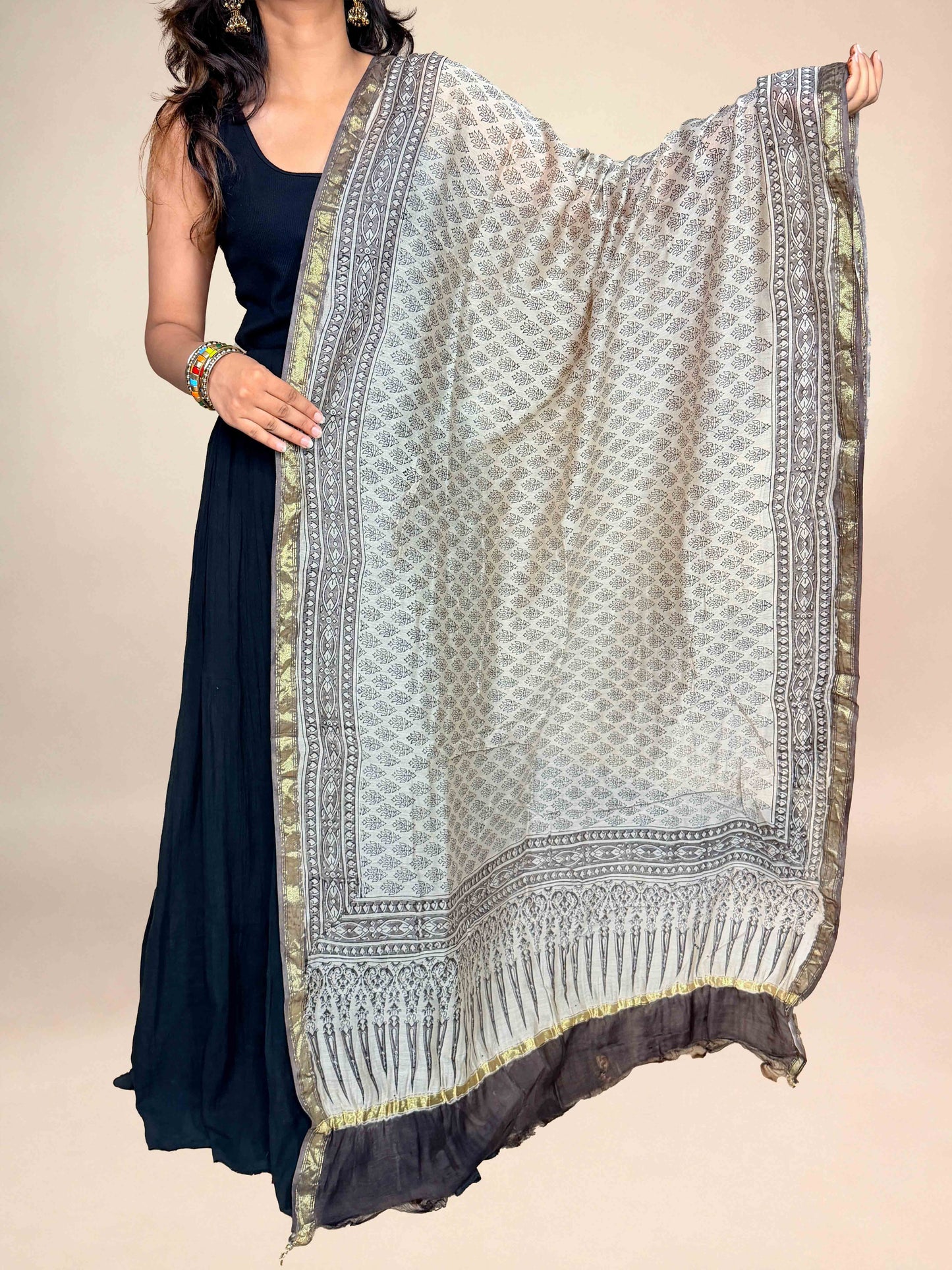 Multicolor Saudagiri Chanderi Handblock Printed Dupatta | Light Sage Grey