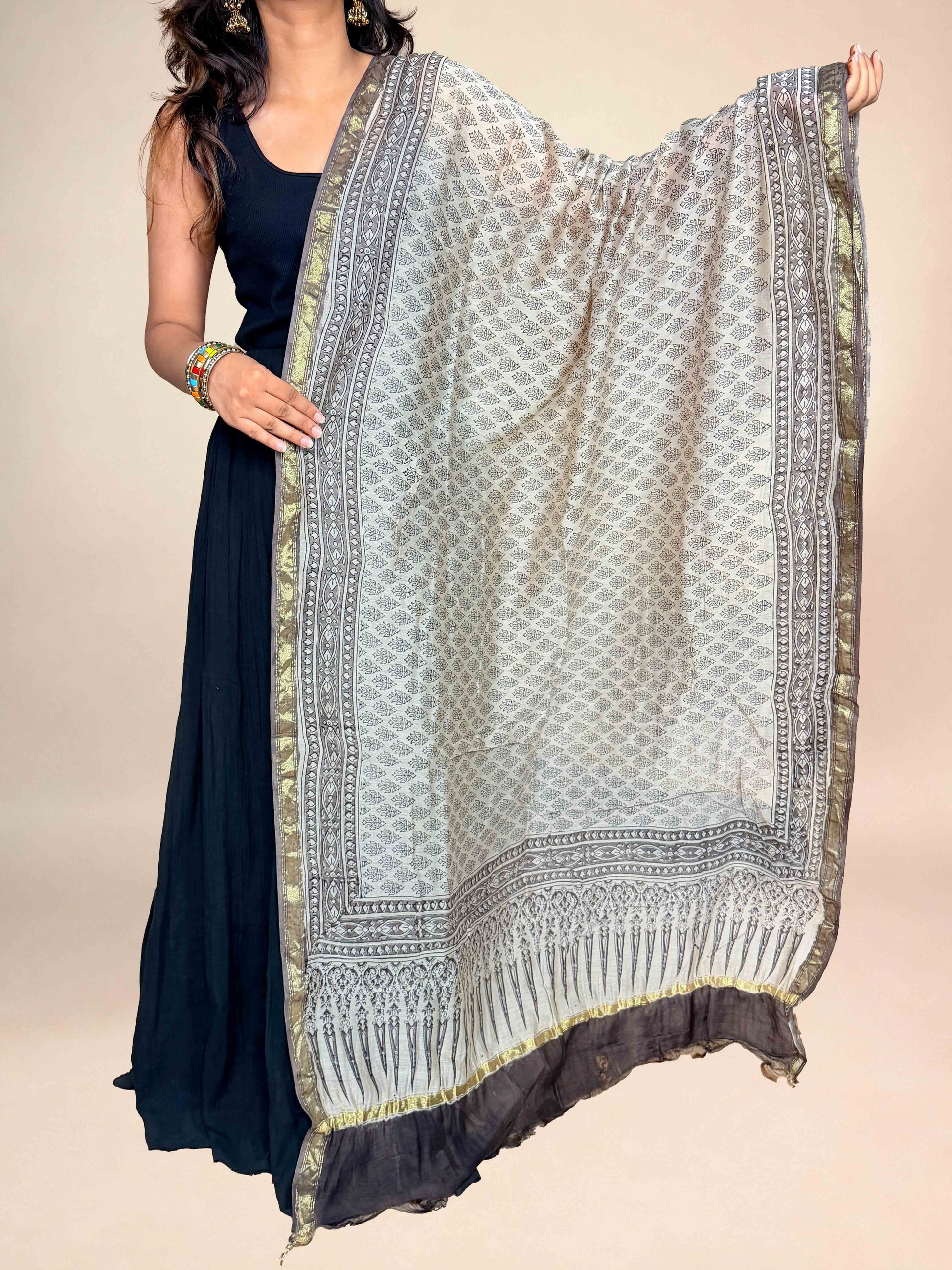 Multicolor Saudagiri Chanderi Handblock Printed Dupatta | Light Sage Grey