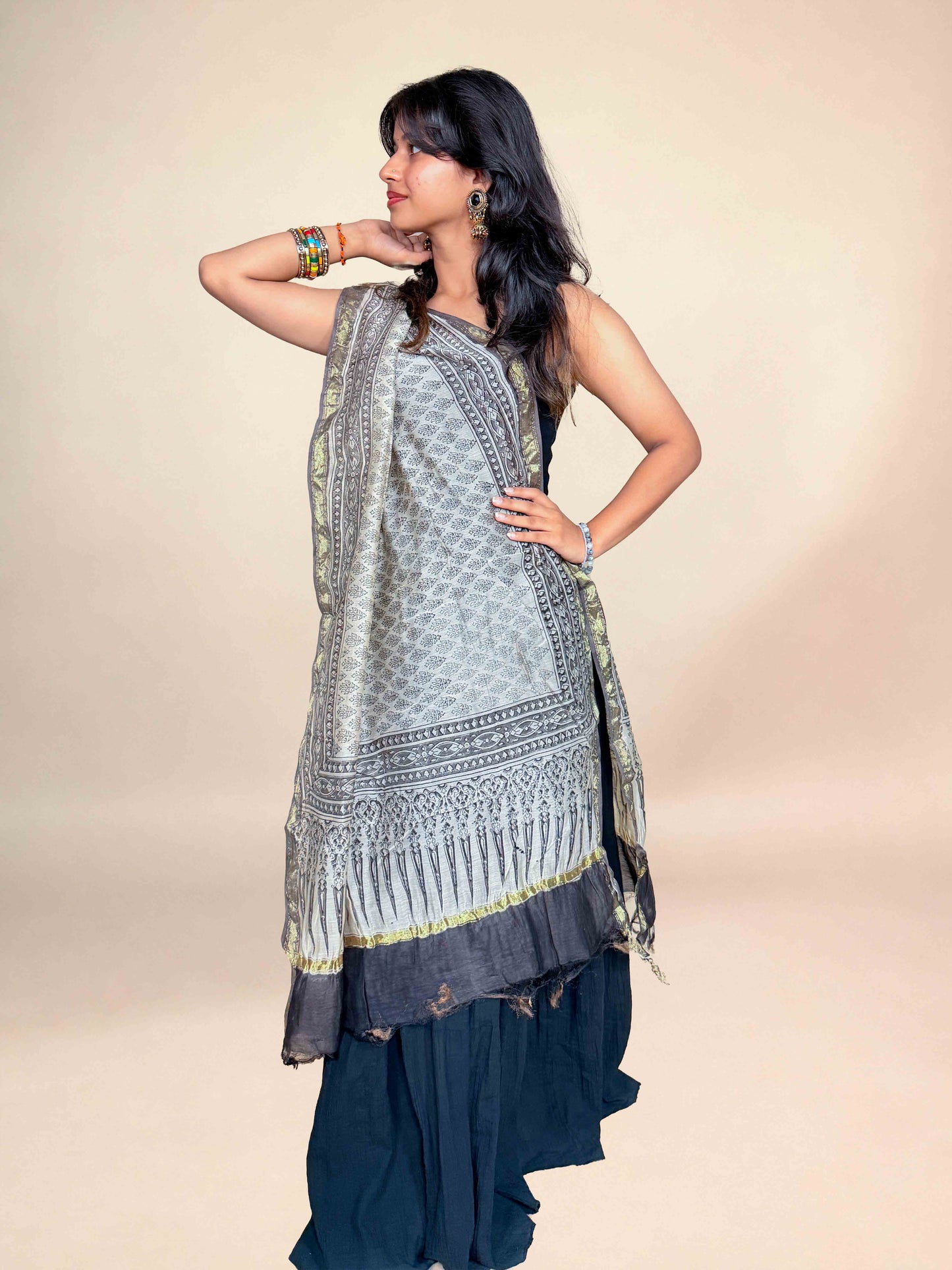 Multicolor Saudagiri Chanderi Handblock Printed Dupatta | Light Sage Grey