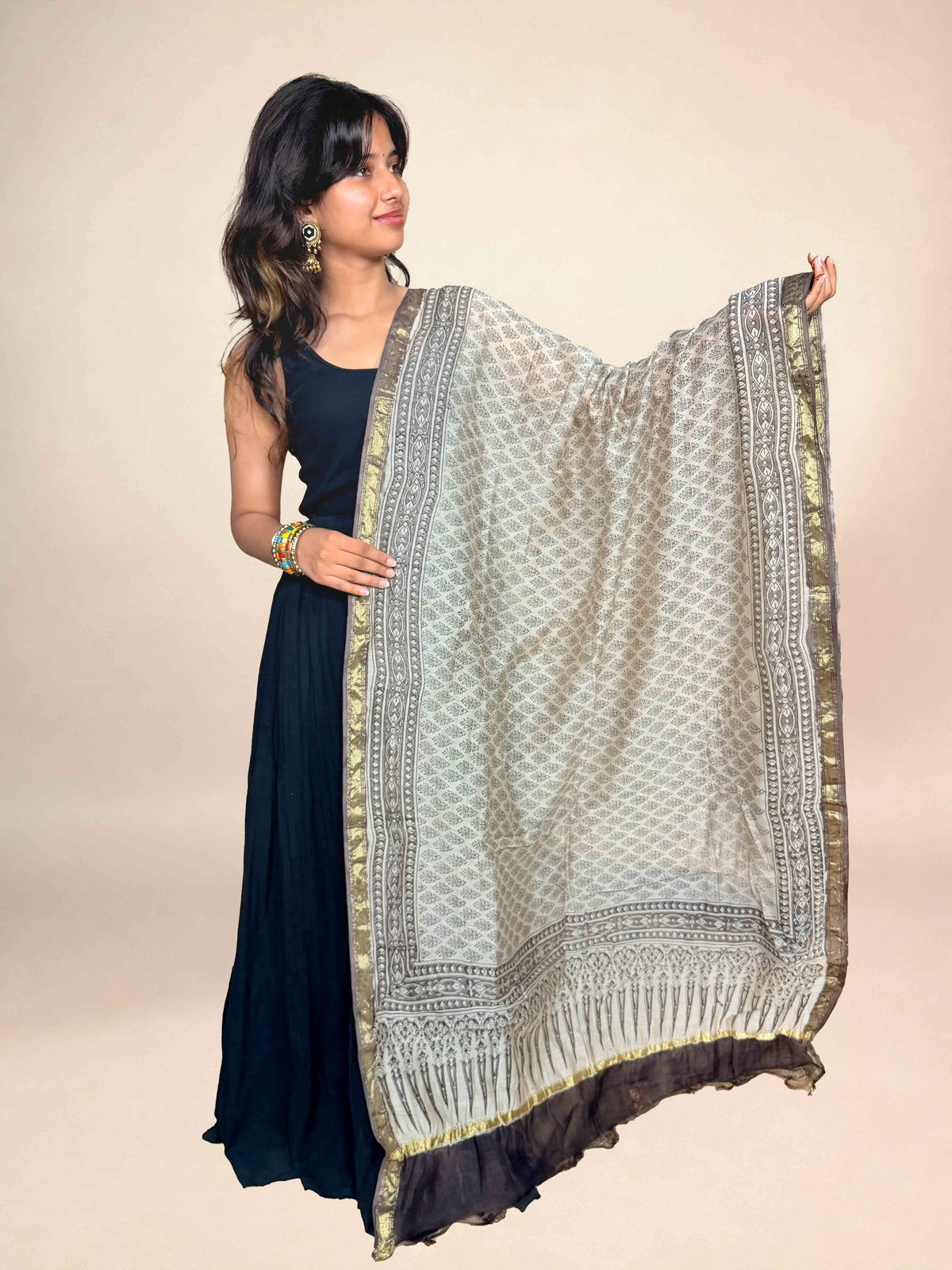 Multicolor Saudagiri Chanderi Handblock Printed Dupatta | Light Sage Grey