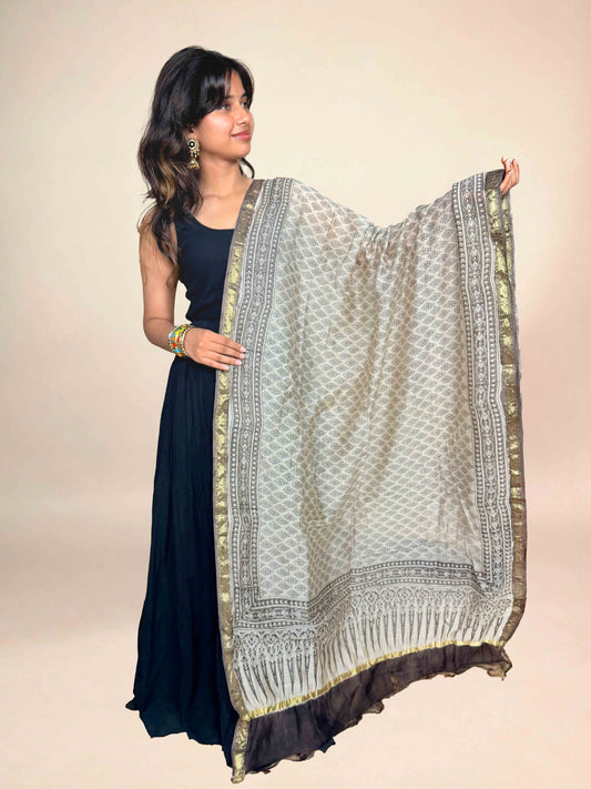 Multicolor Saudagiri Chanderi Handblock Printed Dupatta | Light Sage Grey