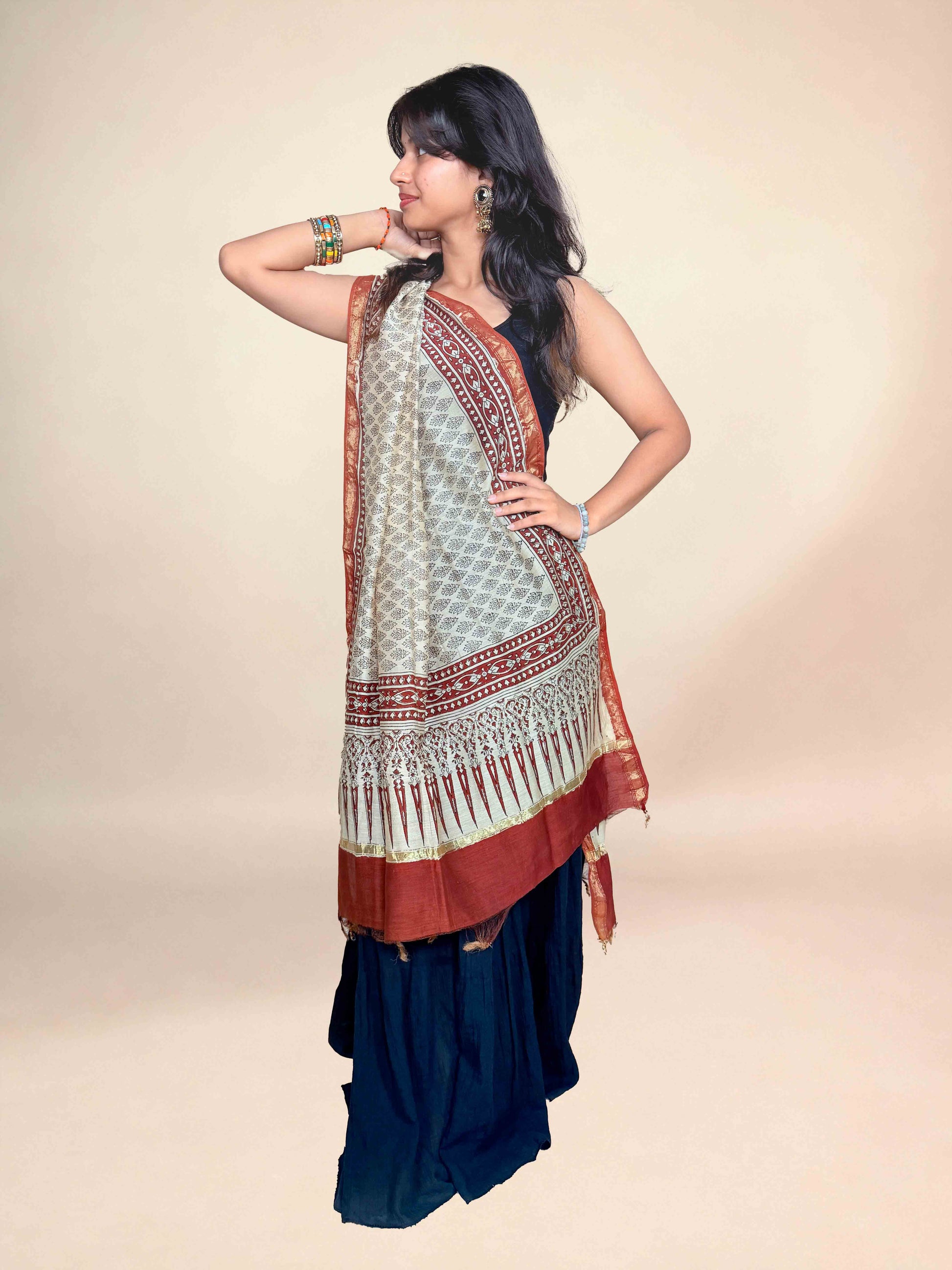 Multicolor Saudagiri Chanderi Handblock Printed Dupatta | Terracotta Red