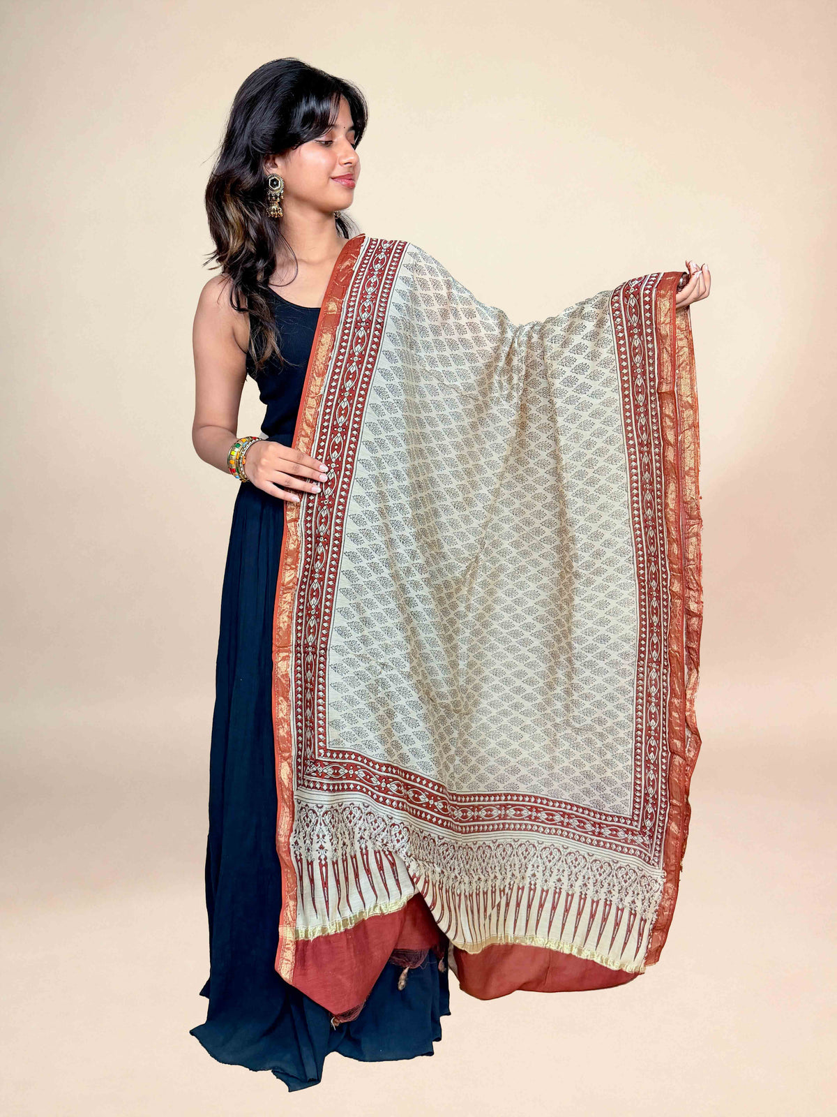 Multicolor Saudagiri Chanderi Handblock Printed Dupatta | Terracotta Red