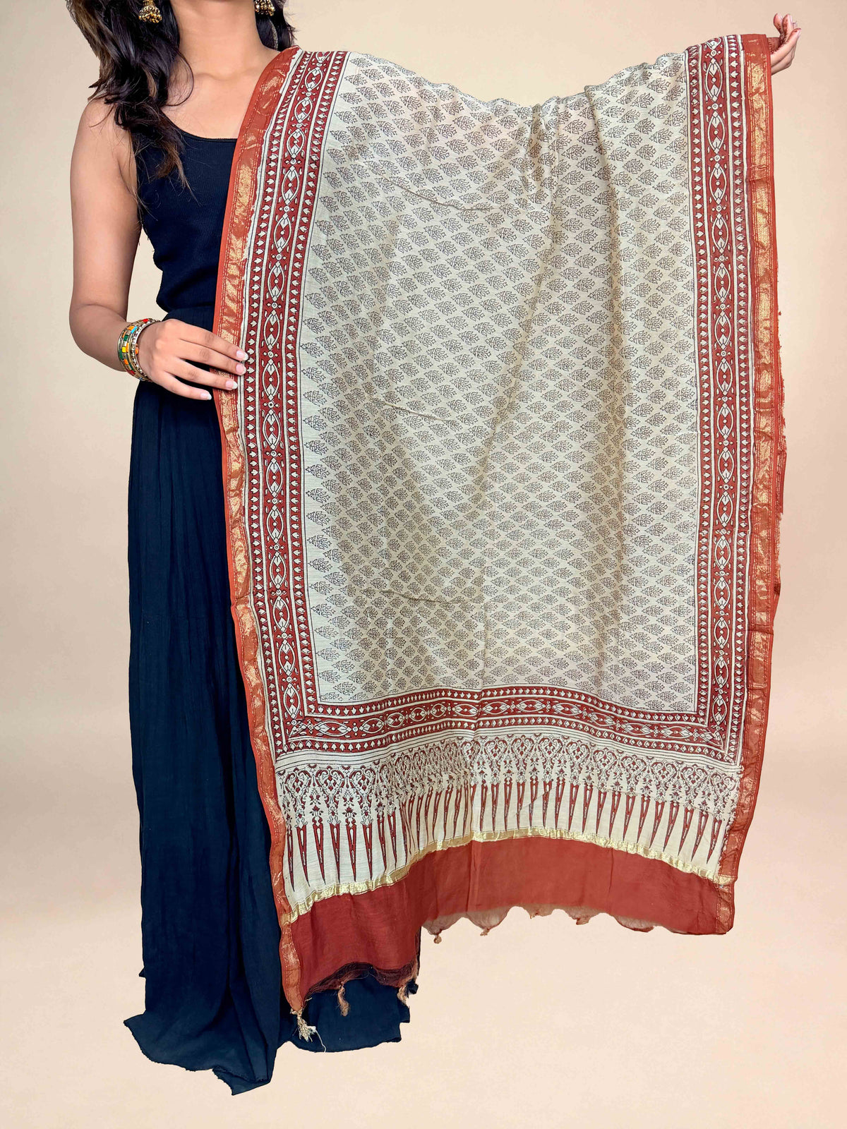 Multicolor Saudagiri Chanderi Handblock Printed Dupatta | Terracotta Red