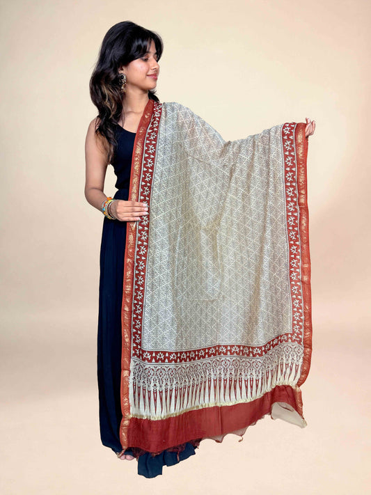 Rust Red Saudagiri Chanderi Handblock Printed Dupatta