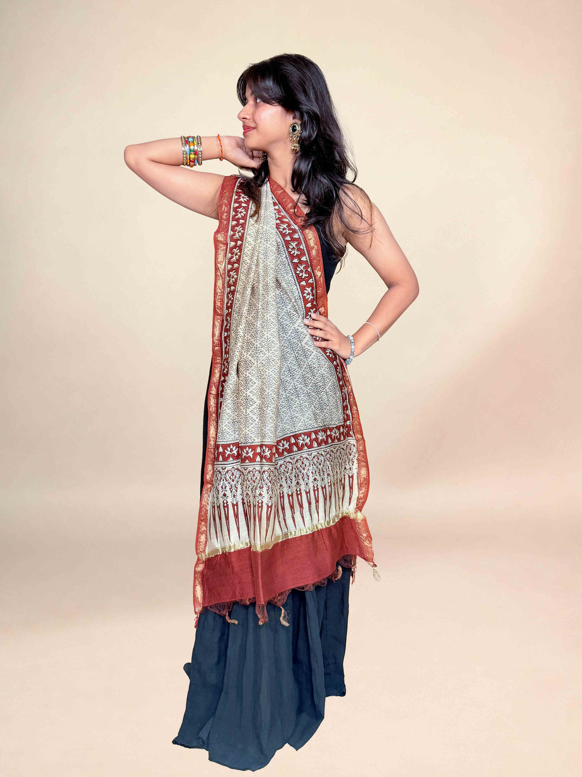 Rust Red Saudagiri Chanderi Handblock Printed Dupatta