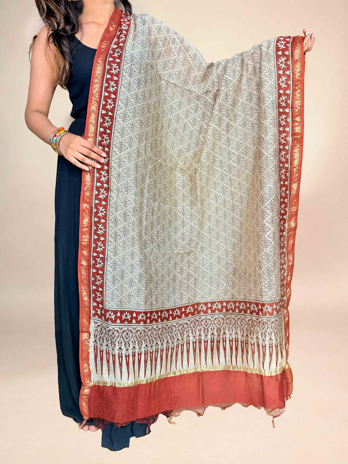 Rust Red Saudagiri Chanderi Handblock Printed Dupatta