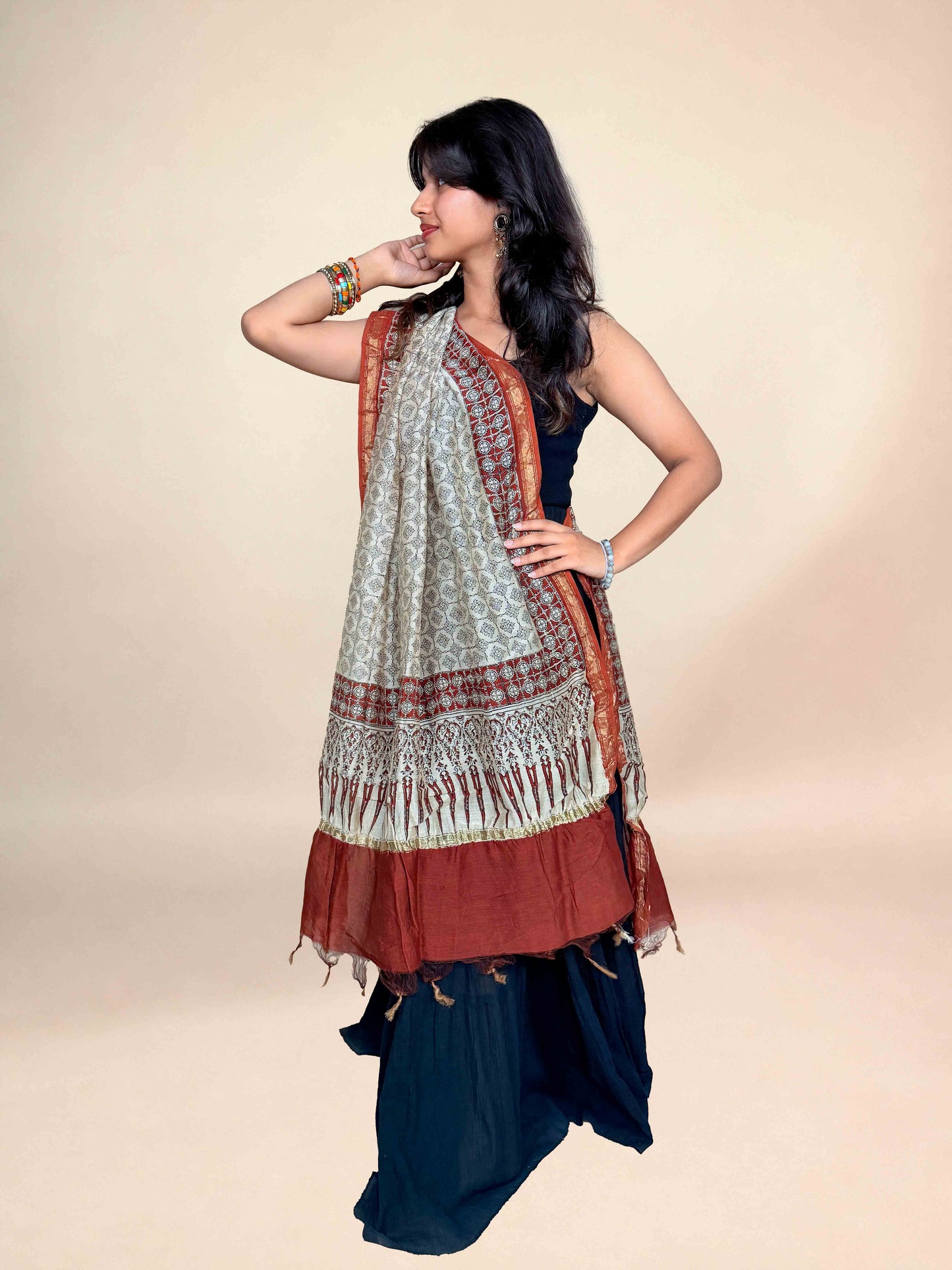 Rust Red Saudagiri Chanderi Handblock Printed Dupatta