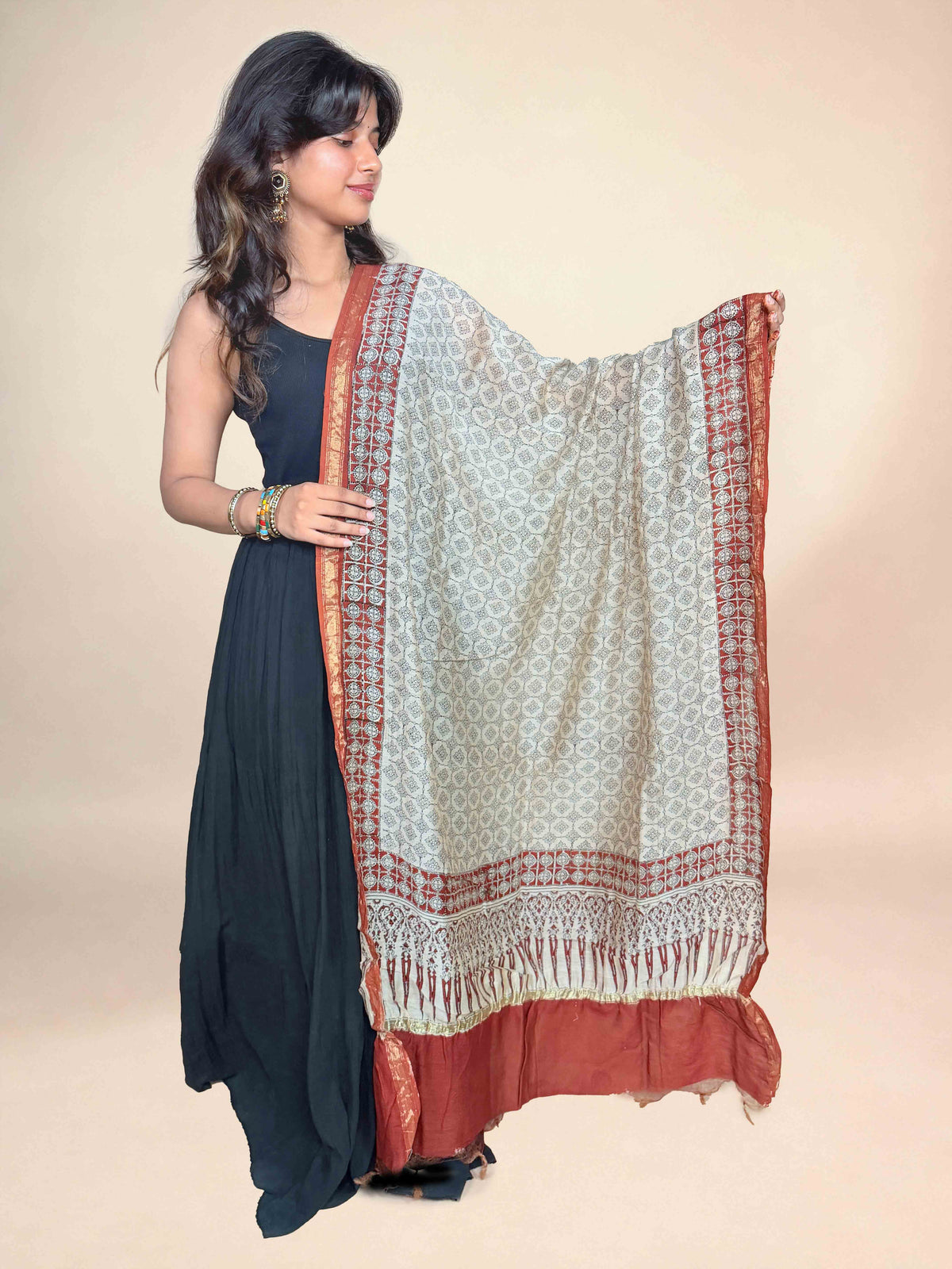 Rust Red Saudagiri Chanderi Handblock Printed Dupatta