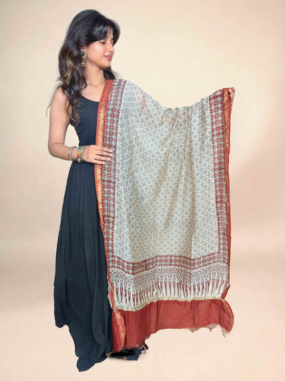 Rust Red Saudagiri Chanderi Handblock Printed Dupatta
