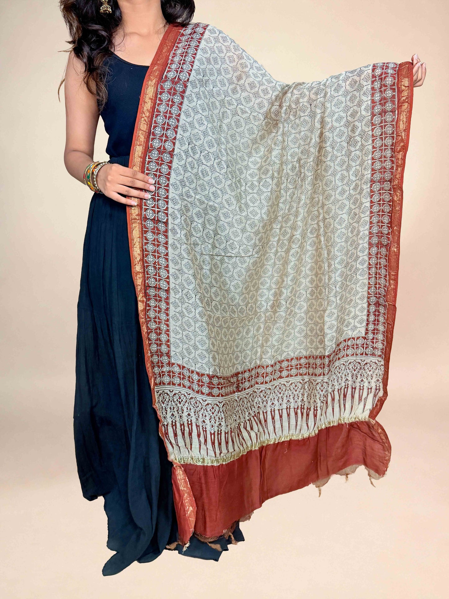 Rust Red Saudagiri Chanderi Handblock Printed Dupatta