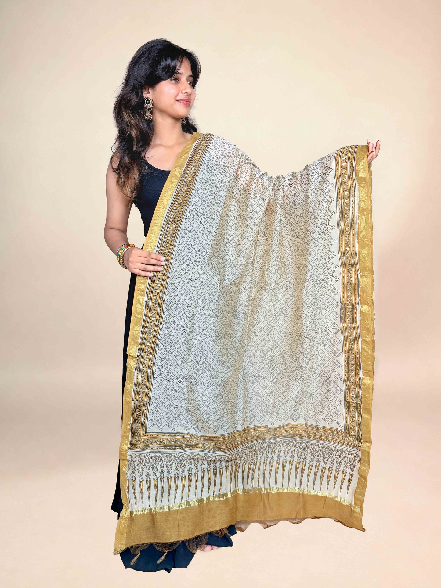 Multicolor Saudagiri Chanderi Handblock Printed Dupatta | Chartreuse Green