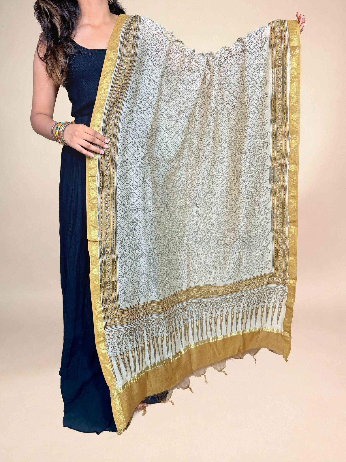 Multicolor Saudagiri Chanderi Handblock Printed Dupatta | Chartreuse Green