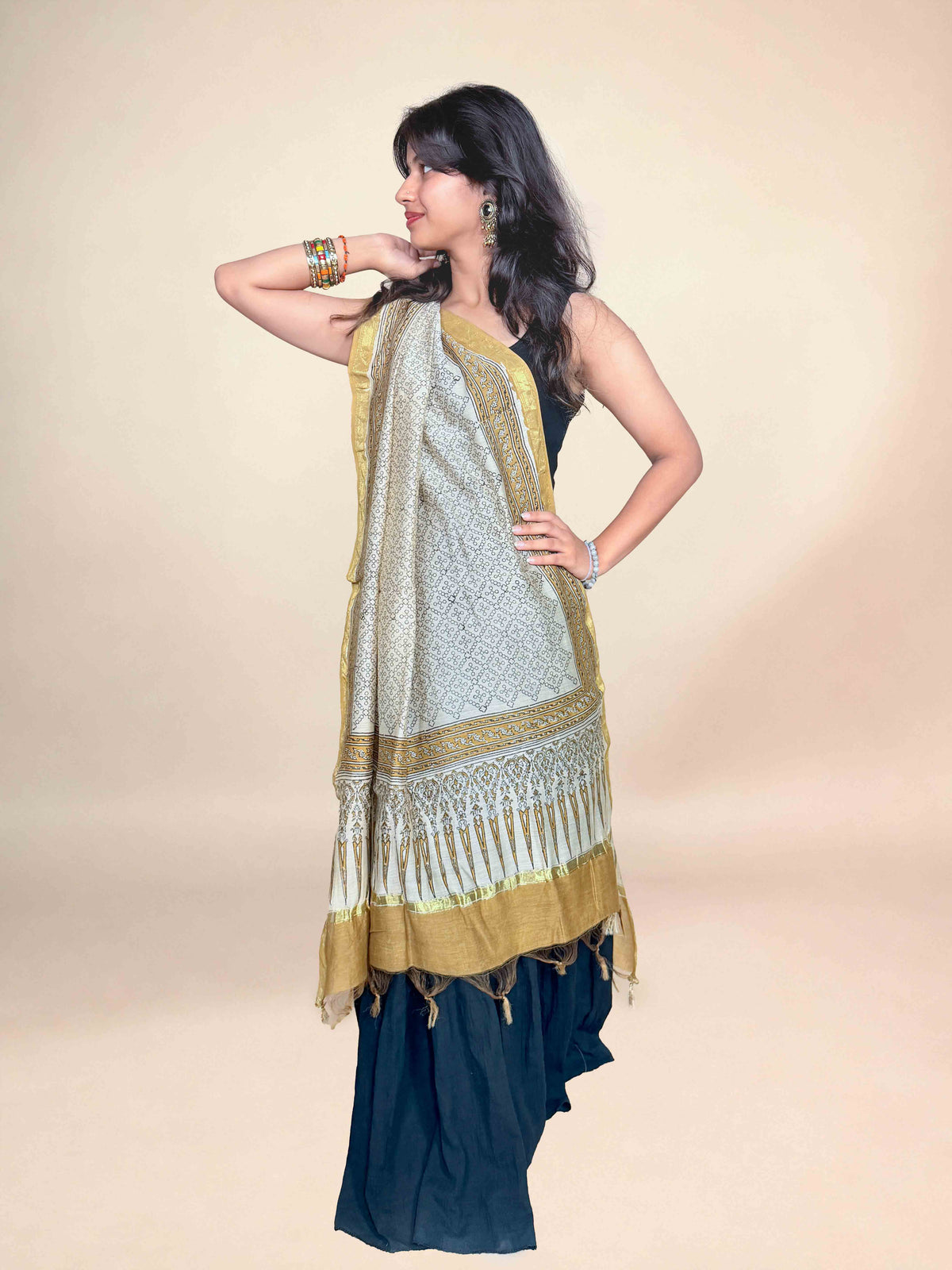 Multicolor Saudagiri Chanderi Handblock Printed Dupatta | Chartreuse Green