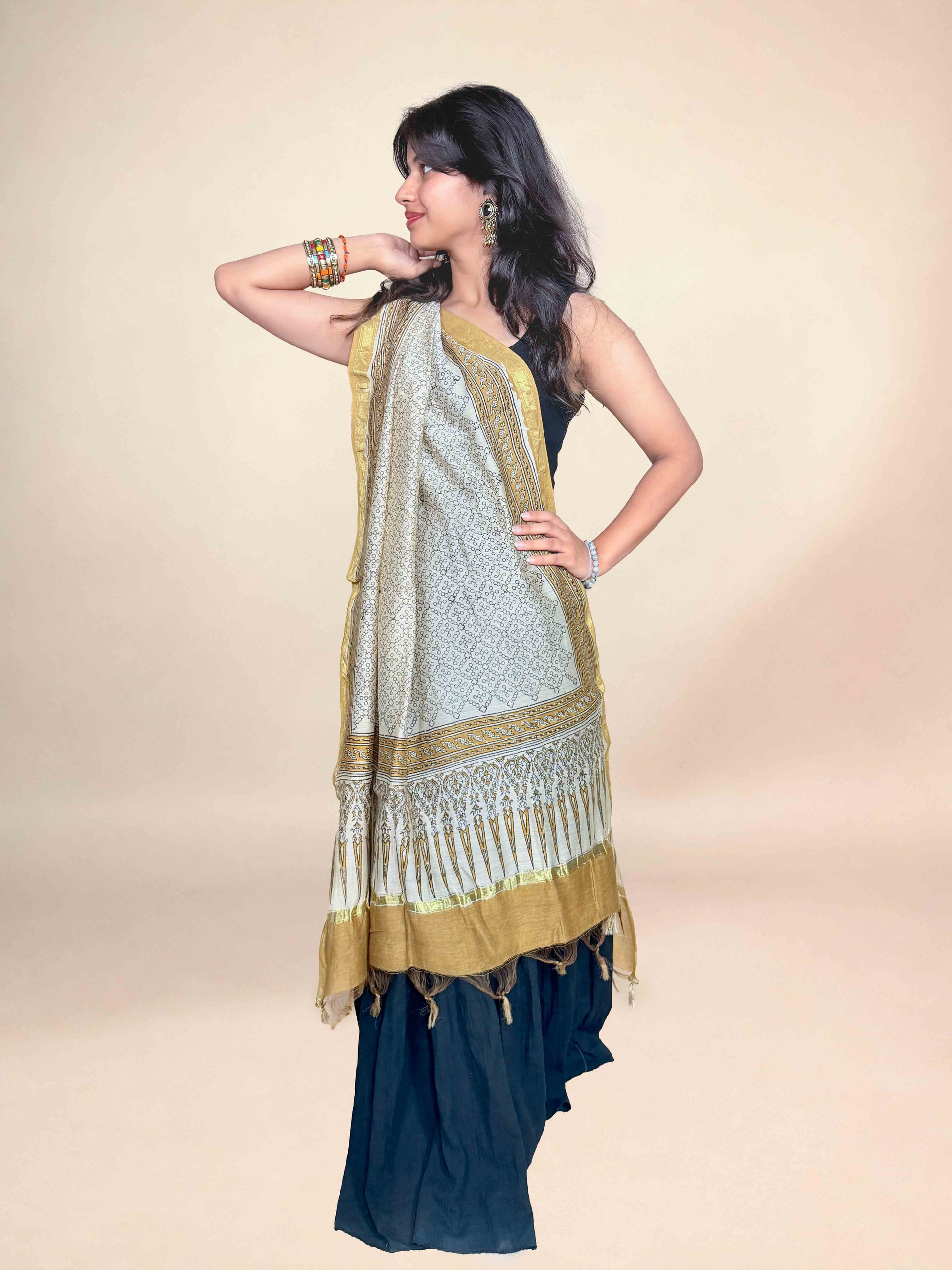 Multicolor Saudagiri Chanderi Handblock Printed Dupatta | Chartreuse Green