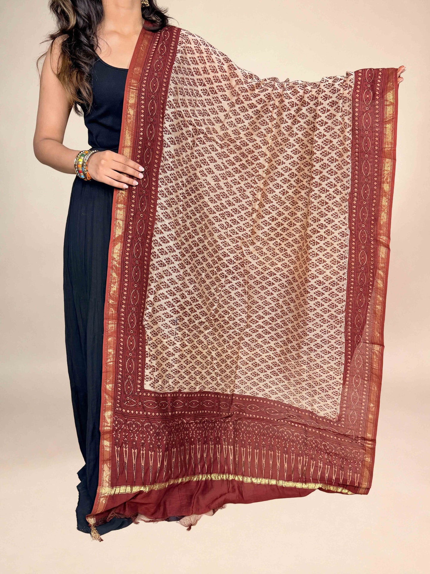 Multicolor Saudagiri Chanderi Handblock Printed Dupatta | Rust Red
