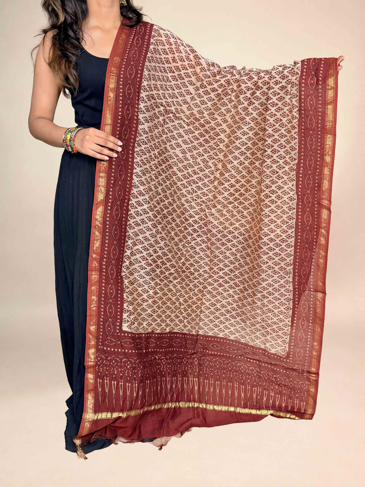 Multicolor Saudagiri Chanderi Handblock Printed Dupatta | Ruby Red