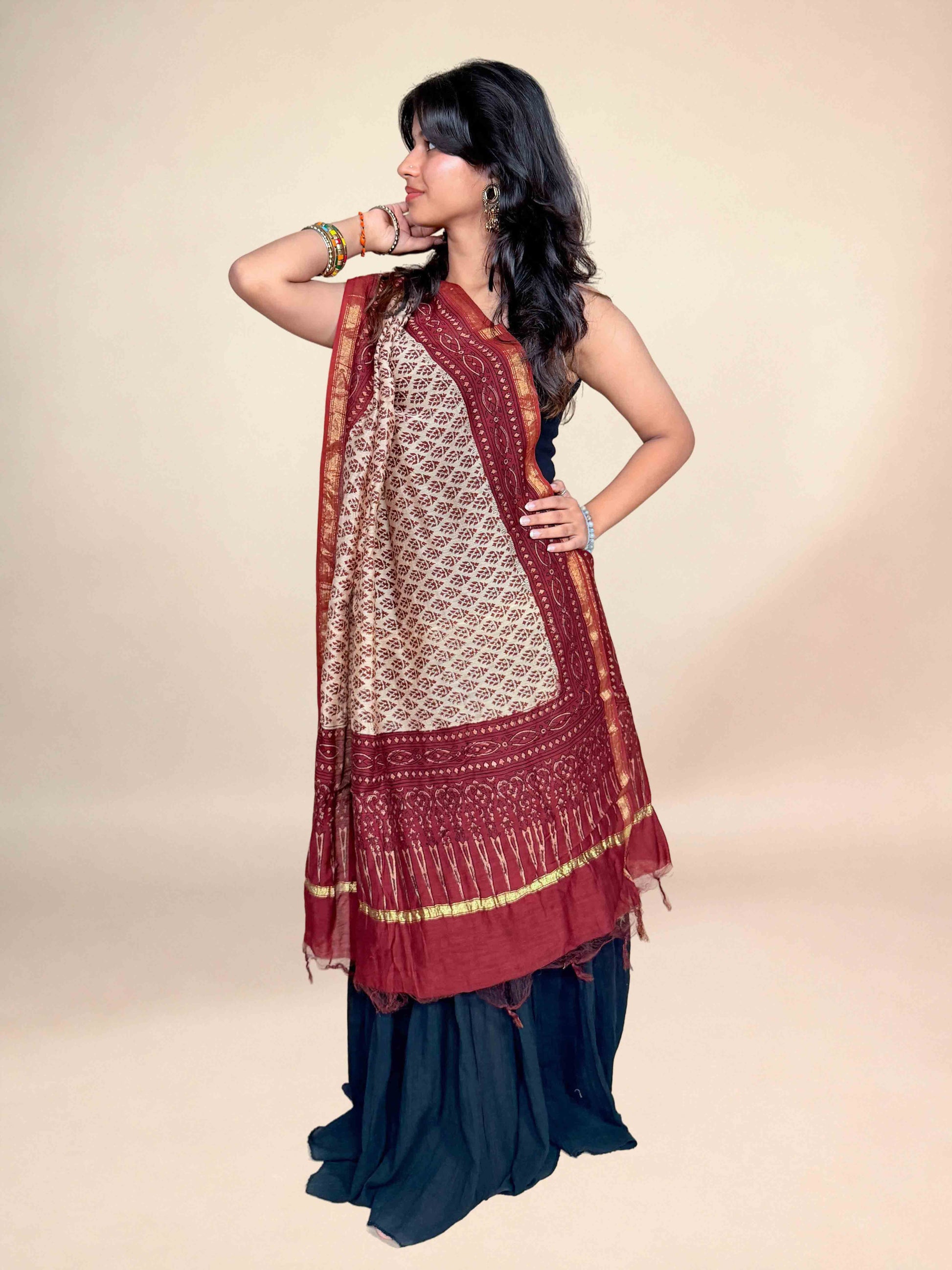Multicolor Saudagiri Chanderi Handblock Printed Dupatta | Rust Red
