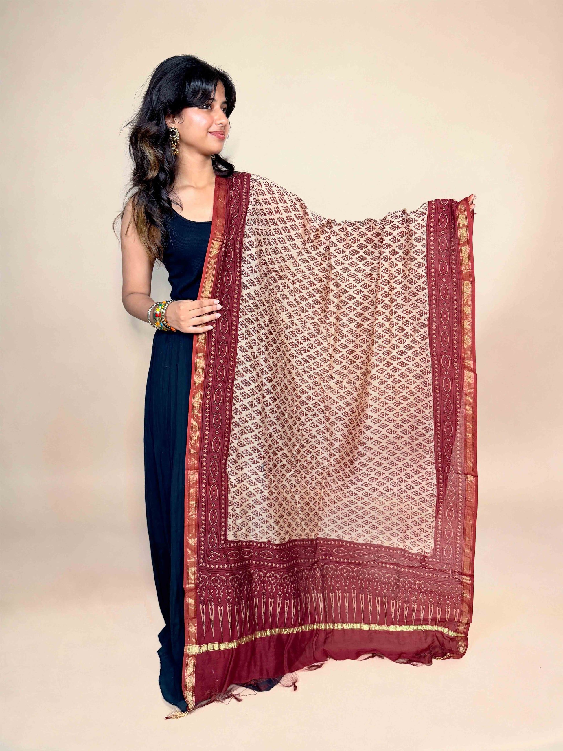 Multicolor Saudagiri Chanderi Handblock Printed Dupatta | Rust Red