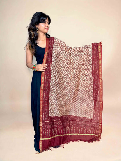 Multicolor Saudagiri Chanderi Handblock Printed Dupatta | Rust Red