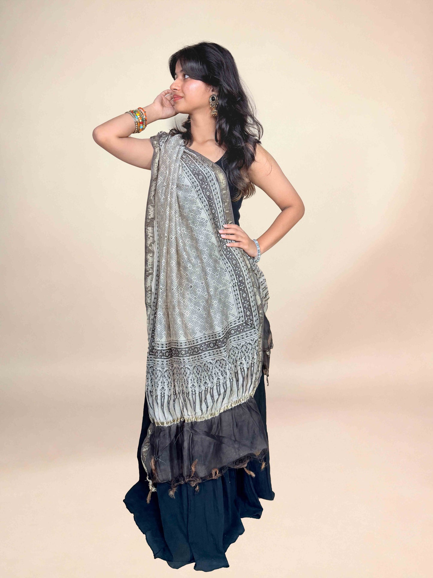 Multicolor Saudagiri Chanderi Handblock Printed Dupatta | Grey