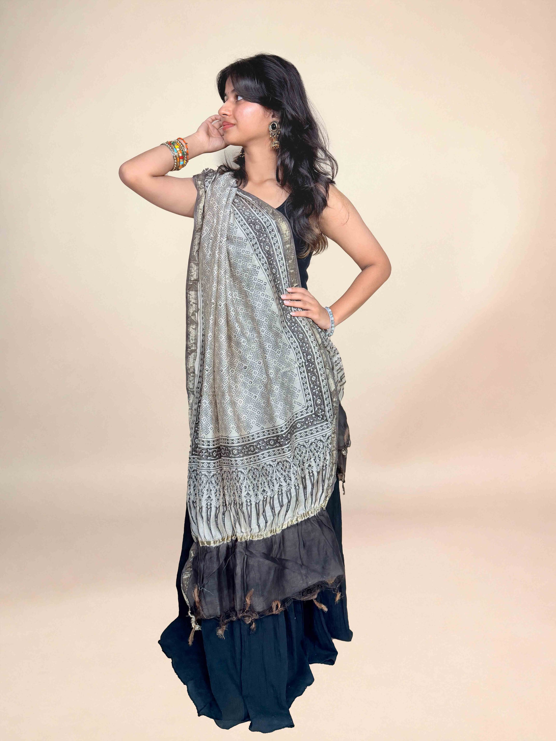 Multicolor Saudagiri Chanderi Handblock Printed Dupatta | Grey