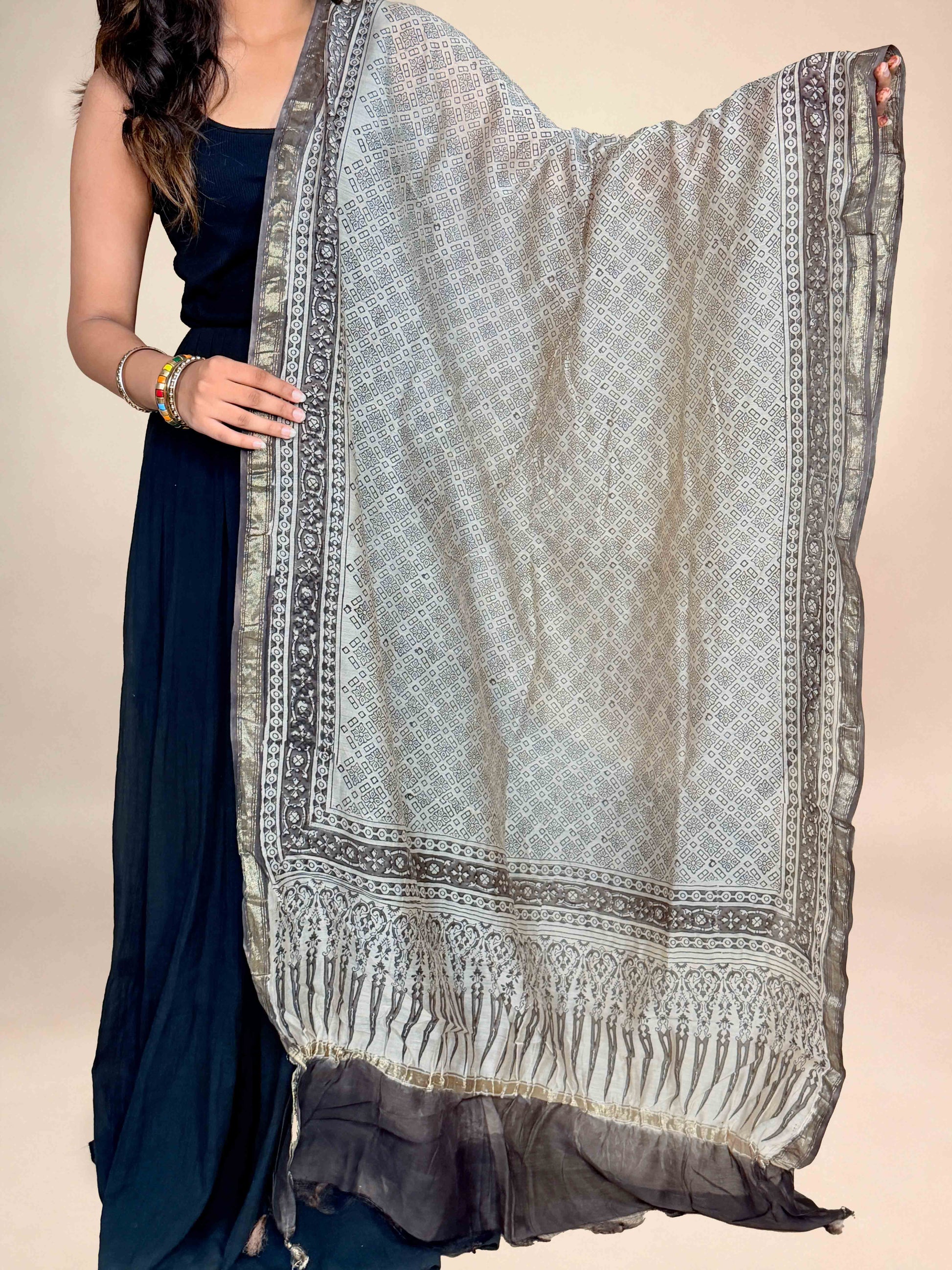 Multicolor Saudagiri Chanderi Handblock Printed Dupatta | Grey