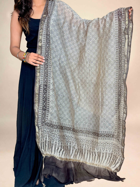 Multicolor Saudagiri Chanderi Handblock Printed Dupatta | Grey