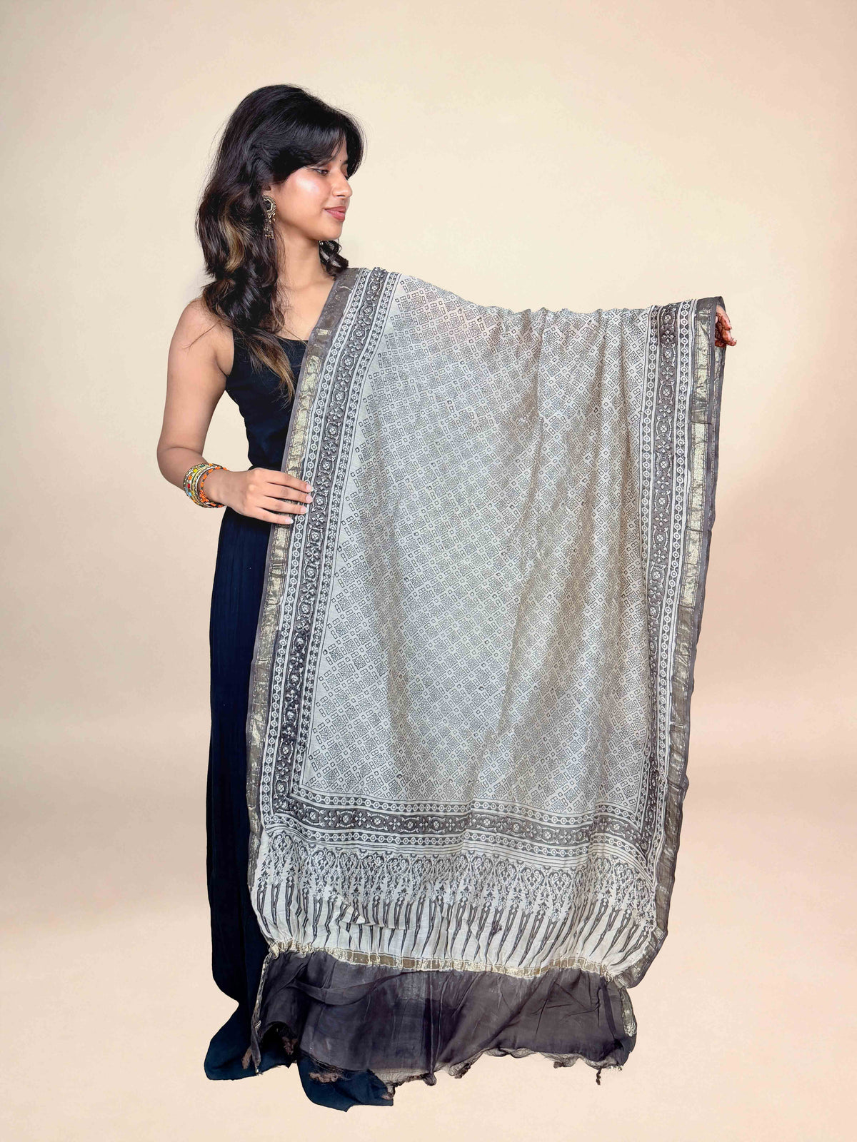 Multicolor Saudagiri Chanderi Handblock Printed Dupatta | Grey