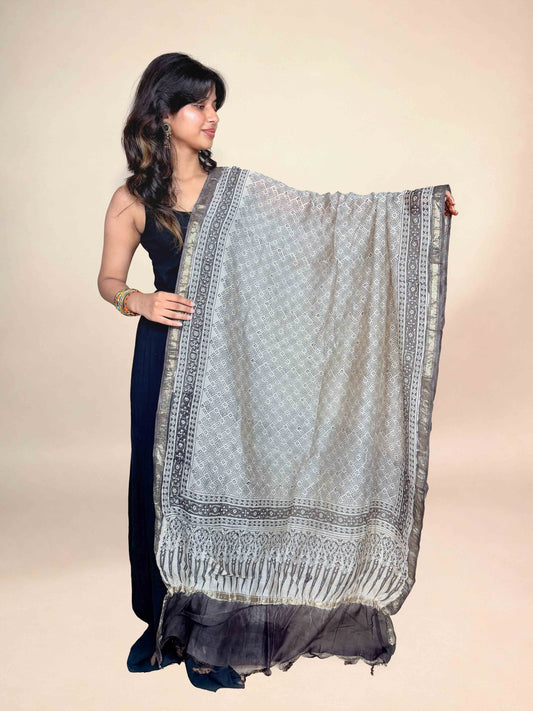 Multicolor Saudagiri Chanderi Handblock Printed Dupatta | Grey