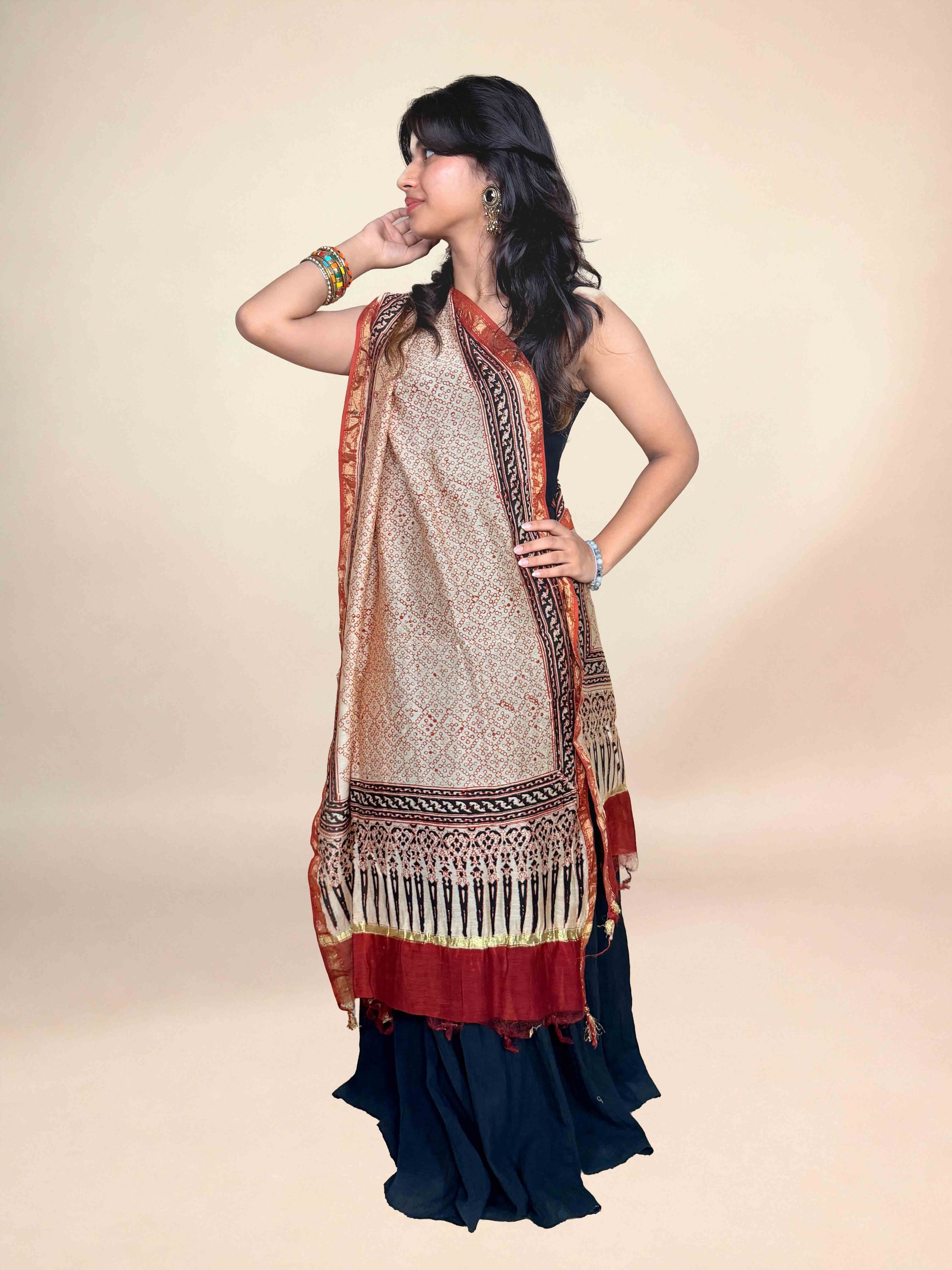 Multicolor Saudagiri Chanderi Handblock Printed Dupatta | Rust Red