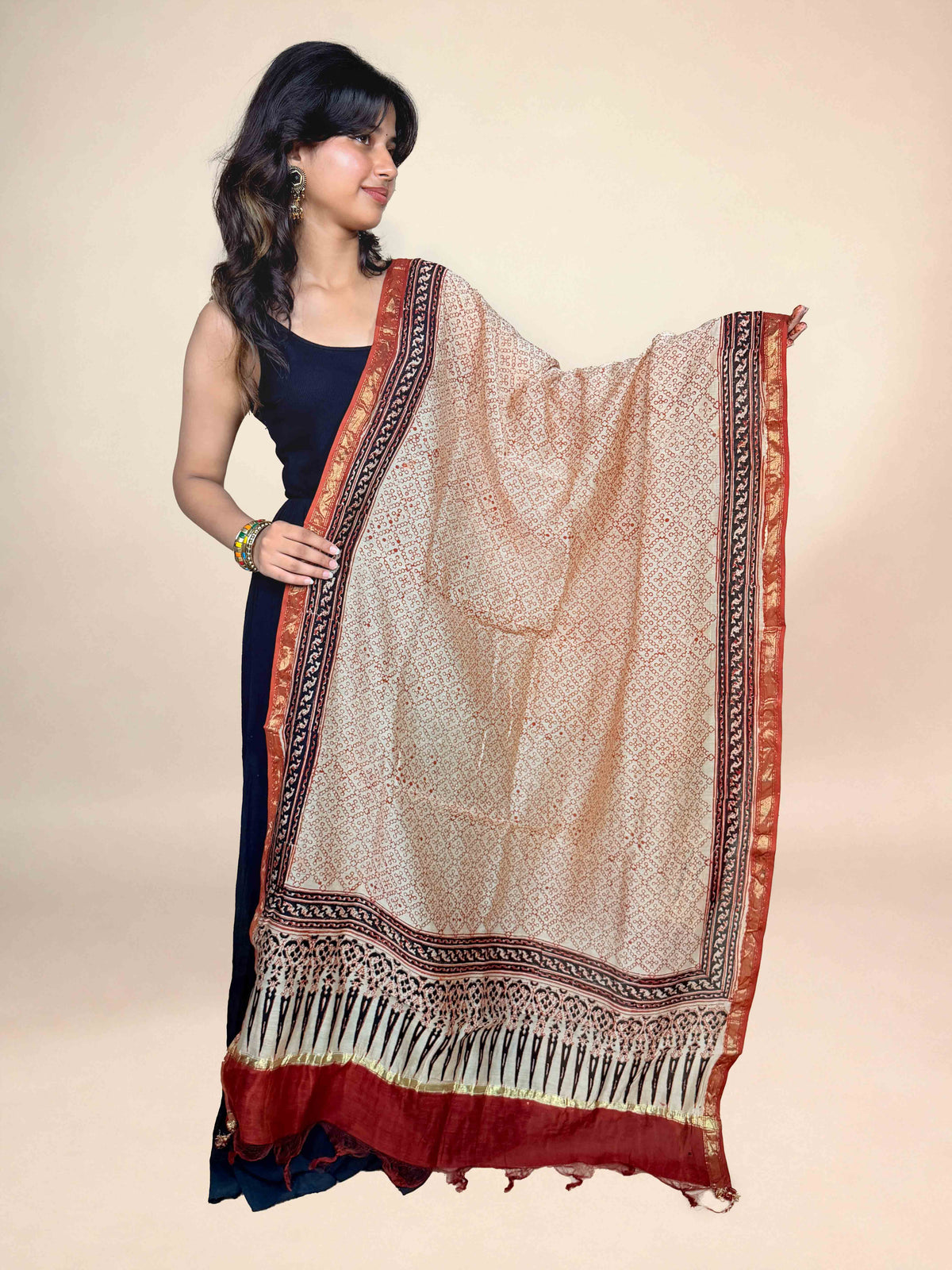 Multicolor Saudagiri Chanderi Handblock Printed Dupatta | Rust Red