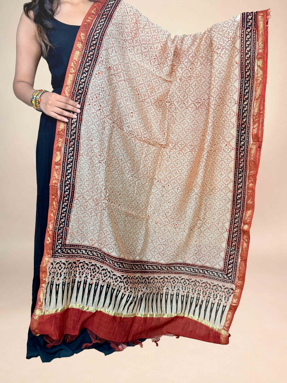 Multicolor Saudagiri Chanderi Handblock Printed Dupatta | Rust Red