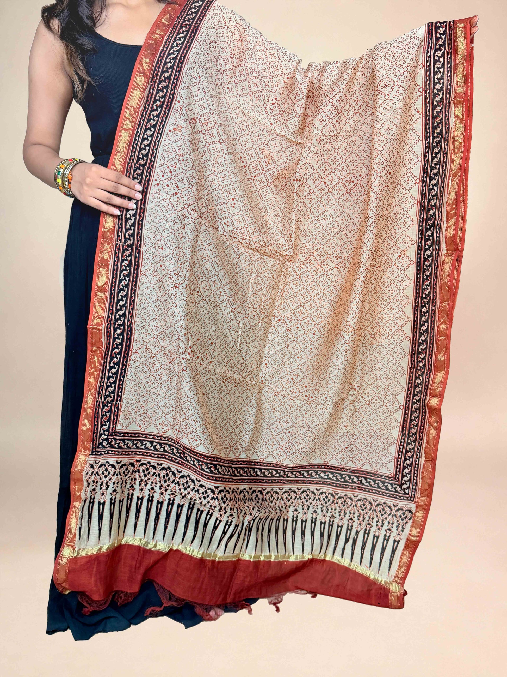 Multicolor Saudagiri Chanderi Handblock Printed Dupatta | Rust Red