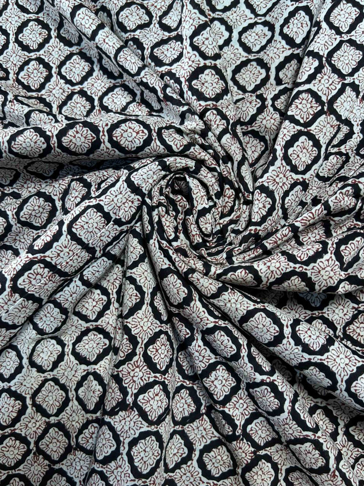Black Saudagiri Mul Hand Block Printed Fabric
