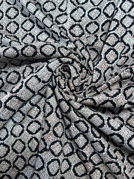 Black Saudagiri Mul Hand Block Printed Fabric