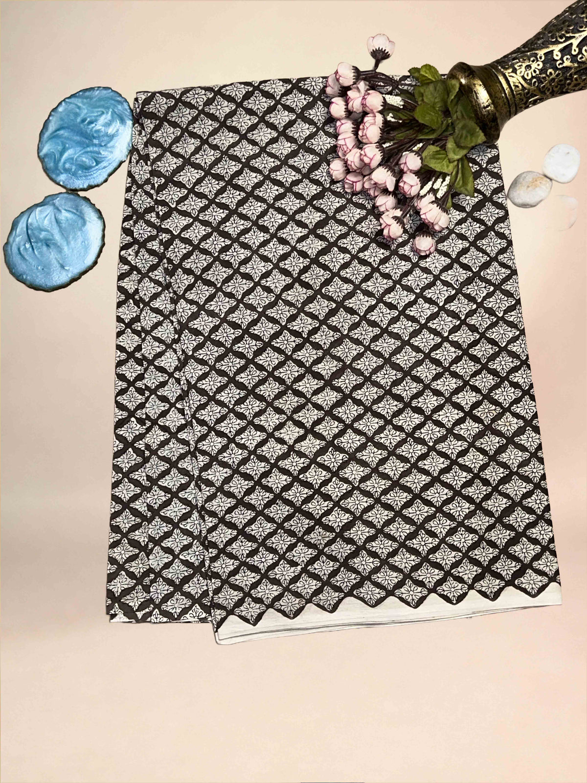 Gray Saudagiri Mul Hand Block Printed Fabric