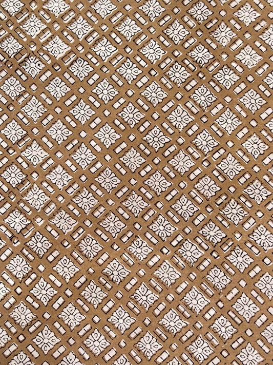 Khaki Saudagiri Mul Hand Block Printed Fabric