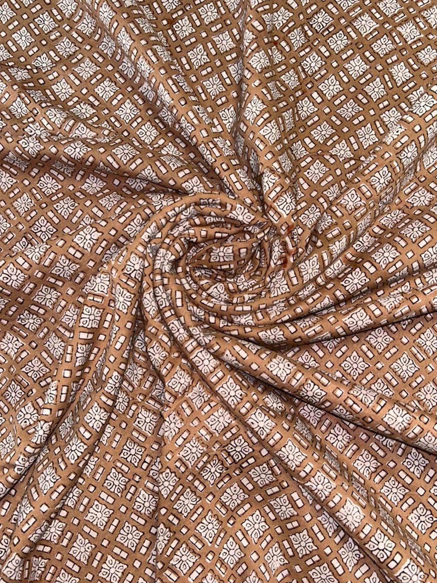 Camel Beige Saudagiri Mul Hand Block Printed Fabric