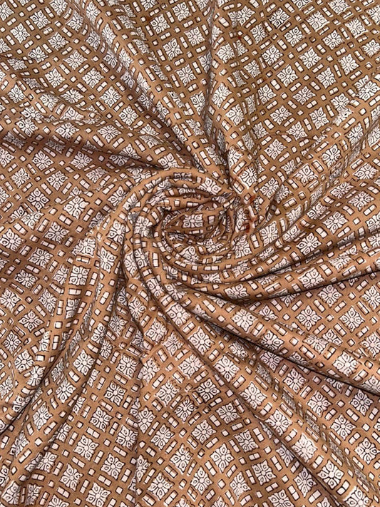 Camel Beige Saudagiri Mul Hand Block Printed Fabric