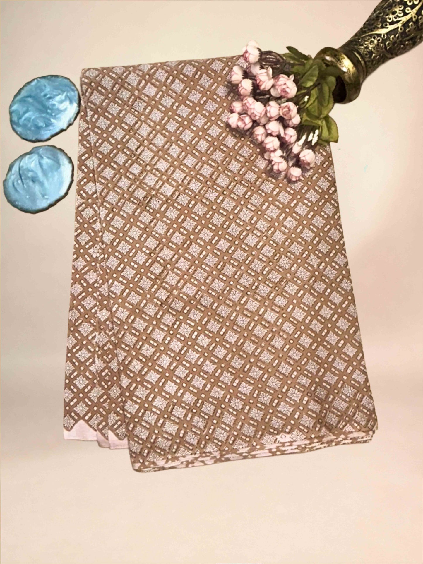 Camel Beige Saudagiri Mul Hand Block Printed Fabric