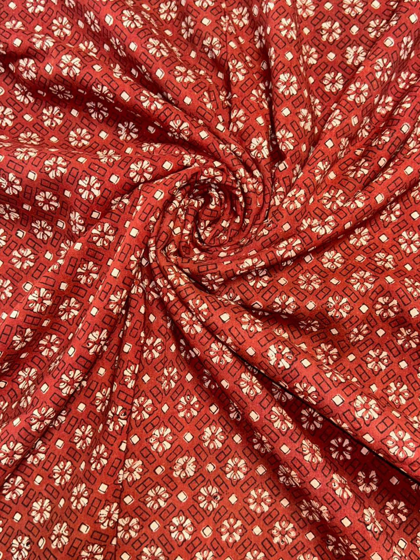 Red Saudagiri Mul Hand Block Printed Fabric